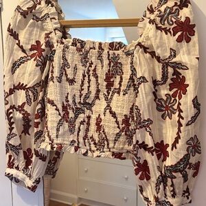 Joie Cream and Red Embroidered Blouse